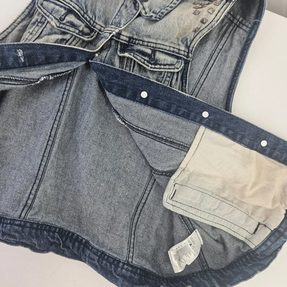 Vintage y2k Distressed Studded Denim Trucker Punk Grunge Jean Jacket Vest‎ Jr Sm